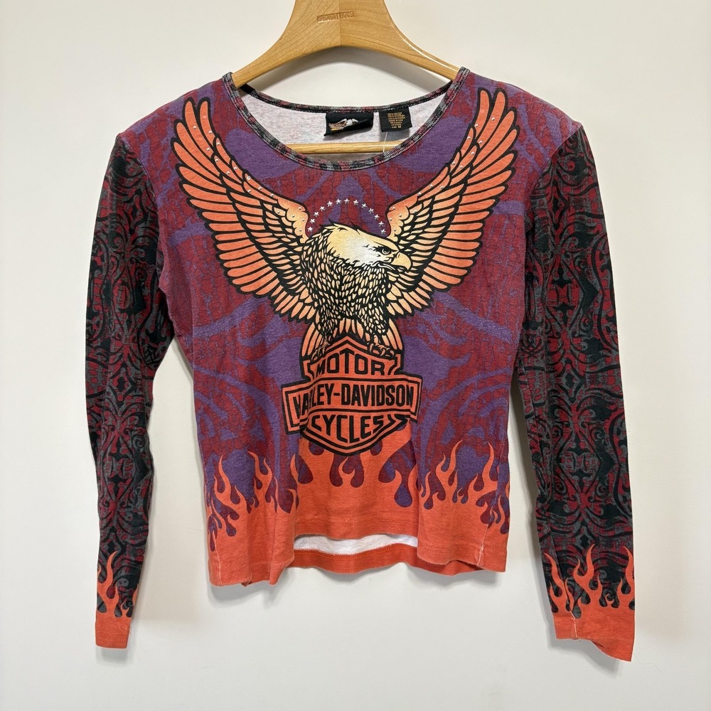 Vintage Harley-Davidson Long Sleeve‎ Shirt Womens M Flames Biker Y2K 2000s Cute